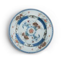 A large Chinese blue and white and famille rose 'lingzhi' plate Qing dynasty, Kangxi period Pai...