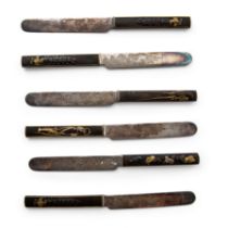 A set of six Japanese bronze knife handles with blades, Kozuka Meiji period Each with gilded hi...