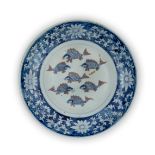 A very large blue and white and underglaze copper red 'fish' dish Qing dynasty, Kangxi period P...