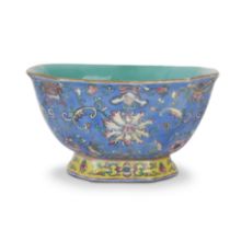 A Chinese famille rose canted square 'lotus' bowl Qing dynasty, late 19th century, apocryphal Da...