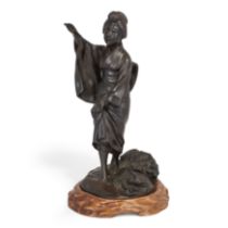 A Japanese bronze okimono of a bijin Meiji period, circa 1900, signed Mitani Dressed in kimono,...