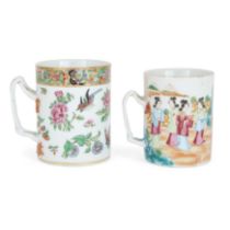 Two Chinese Canton famille rose mugs Qing dynasty, 19th century One painted with scattered flow...