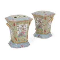 A pair of Chinese Canton famille rose canted square bough pots and covers Qing dynasty, mid-19th...