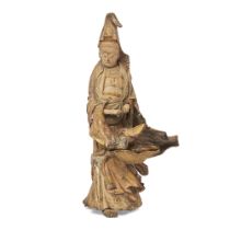 A Japanese painted clay figure of Kannon Meiji period Her flowing robes finely painted with var...