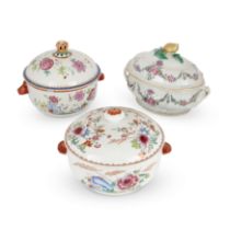 Three Chinese export famille rose tureens and covers Qing Dynasty, 18th century Comprising: a f...