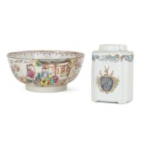 A Chinese export famille rose bowl and an armorial tea caddy Qing dynasty, 18th century The bow...