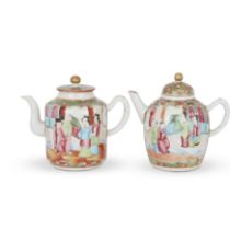Two Chinese Canton famille rose teapots Qing dynasty, 19th century Each decorated with panels o...