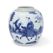 A Chinese blue and white oviform jar Qing dynasty, Kangxi period Painted around the body with a...