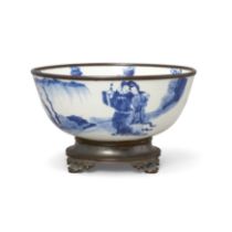 A silver-mounted Chinese blue and white bowl Qing dynasty, Kangxi period, apocryphal Chenghua ma...