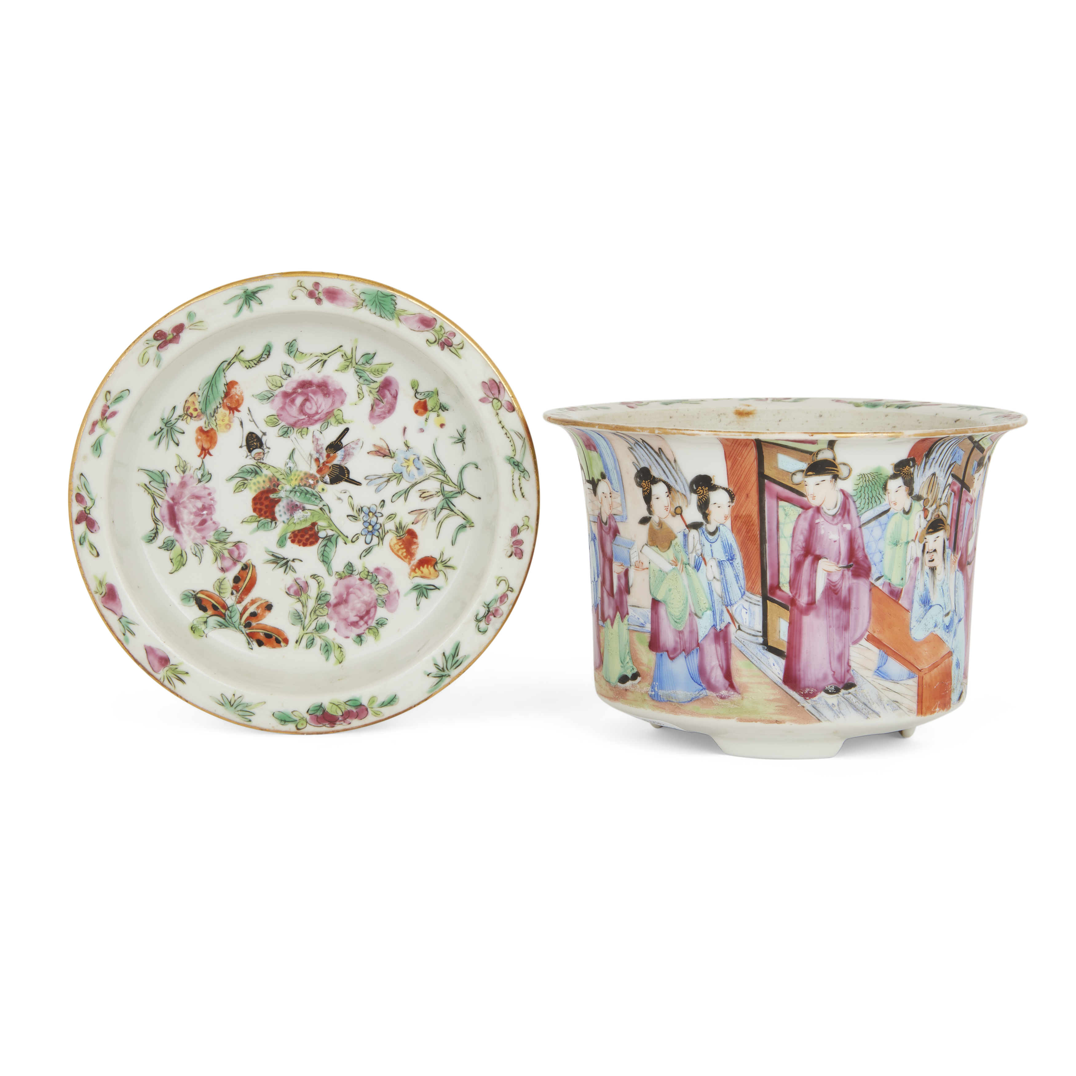A Chinese Canton famille rose small jardinière and stand Qing dynasty, 19th century Painted to ...