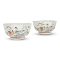 A pair of Chinese famille rose 'lady and boy' bowls Republic period, apocryphal Tongzhi four-cha...