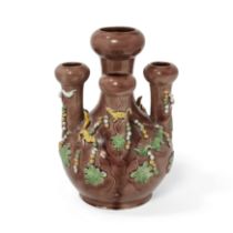 A Chinese five-mouthed vase with applied decoration 20th century The pear-shaped body with five...