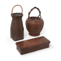 Two Japanese woven bamboo baskets for flower arrangement and a woven bamboo box and cover with li...