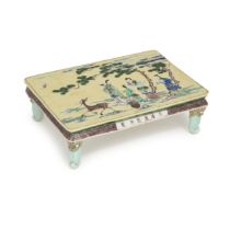 A Chinese biscuit famille verte scholar's table Late Qing dynasty, apocryphal Kangxi mark Paint...