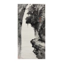Tomioka Tessai (1836 - 1924) A Japanese landscape painting, ink on paper, mounted has hanging sc...