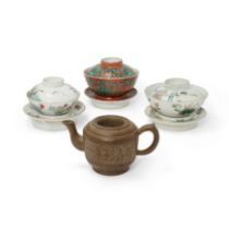 Three Chinese enamelled bowls, covers and stands, and an Yixing teapot Late Qing dynasty - 20th ...