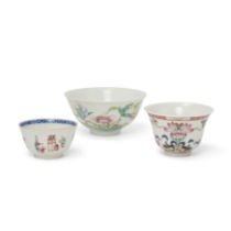 A Chinese famille rose bowl and two cups Qing dynasty - Republic period Comprising an 18th cent...