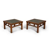 A pair of Chinese huali recessed leg square stools 17th century The square top inset with stone...