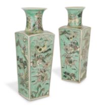 A pair of Chinese famille verte square vases Qing dynasty, late 19th century, apocryphal Chenghu...