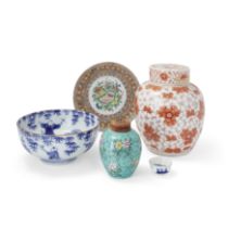 Three Chinese and two Japanese porcelain 19th century Comprising of a Chinese iron red painted ...