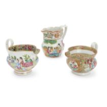 Three Chinese Canton famille rose milk jugs Qing dynasty, 19th century Each decorated with figu...