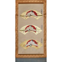 Japanese school (Meiji period) 'Cranes and suns' Ink and colour on gold paper, three fan leaves...