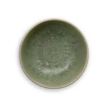 A Chinese Longquan celadon moulded bowl Ming dynasty Heavily potted, decorated with a key-fret ...