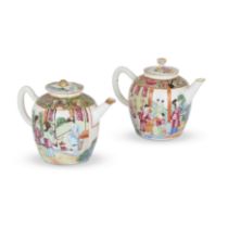 Two Chinese Canton famille rose teapots Qing dynasty, 19th century Each decorated with figures ...