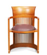 Frank Lloyd Wright (1867-1959) for Cassina  "Barrel 606” chair, 1986  Cherry wood, fabric uphols...