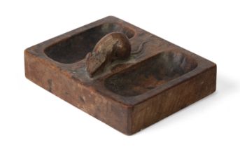 Robert Mouseman Thompson (1876-1955)  Double pin tray or dish, circa 1930s  Oak  Carved mouse  1...