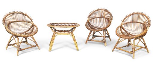 Manner of Franco Albini  Three chairs together with a matching coffee table, circa 1950  Bamboo,...