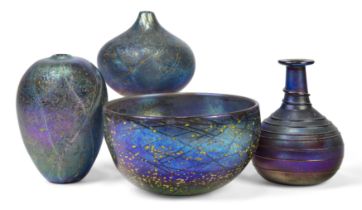 Siddy Langley Three vases and a bowl, dating between 1984-1990 Blown iridescent glass  Each with...