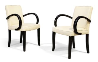Art Deco  Pair of French ebonised armchairs, circa 1930  Ebonised wood, suede  Each 82cm high, 5...