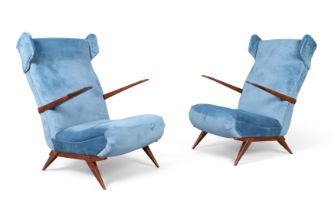 Italian  Pair of wingback armchairs, circa 1950  Velvet upholstery, stained wood  100cm high, 62...