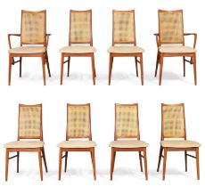 Koefoeds Hornslet  Set of eight 'Eva' chairs, circa 1960  Teak, rattan, fabric upholstery  Carve...