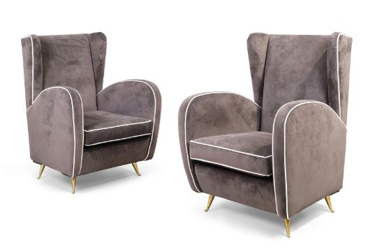 Italian  Pair of wingback armchairs, circa 1950  Velvet upholstery, brass  107cm high, 75cm wide