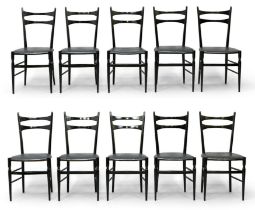 Italian  Ten dining chairs, circa 1950  Ebonised wood, Leather upholstery  94cm high, 45cm wide