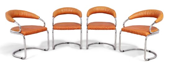 Giotto Stoppino (1926-2011)  Four cantilever side chairs, circa 1970  Chromed steel, tan leather...