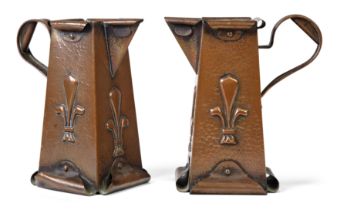 Arts and Crafts  Pair of square form jugs with fleur-de-lys motifs en repousse, circa 1900  Copp...