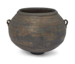Jason Wason (b.1946)  Studio pottery dark bronzed vessel with lugs and incised bands to upper  ...