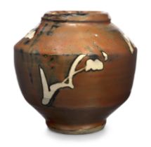 Shoji Hamada (1894-1978)  Studio pottery large jar with persimmon glaze over wax resist motif of...