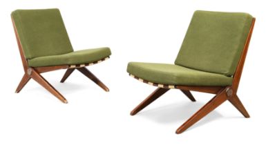 Pierre Jeanneret (1896-1967)  Pair of Model '92' Scissor chairs, circa 1950  Stained walnut, chr...