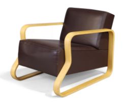 Alvar Aalto (1898-1976) for Artek  Model '44' lounge chair, circa 1990  Birch ply, leather  Fabr...