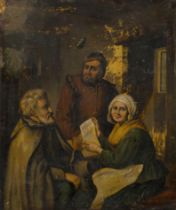 Manner of Adriaen Jansz. van Ostade,  Dutch, 18th century-  A tavern interior with two men and a...