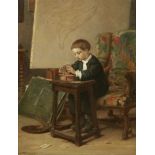 Pierre Édouard Frère,  French 1819-1886-  A young boy building a house of cards in the artist's ...