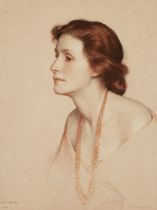 Charles Buchel,  British 1872-1950-  Portrait of a lady in profile, bust-length, wearing a beade...