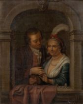 Circle of Willem van Mieris,  Dutch 1662-1747-  A man and woman at the window;  oil on canvas, ...