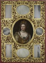 An Ornately Carved Overmantel Mirror with a Painting after Godfrey Kneller, 1st Baronet,  German ...