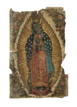 Mexican School,  17th century-  The Virgin of Guadeloupe;  oil on canvas fragment laid down on ...