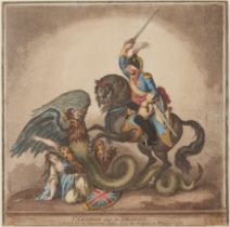 James Gillray,  British 1757-1815-  St George and the Dragon;  hand-coloured engraving and aqua...